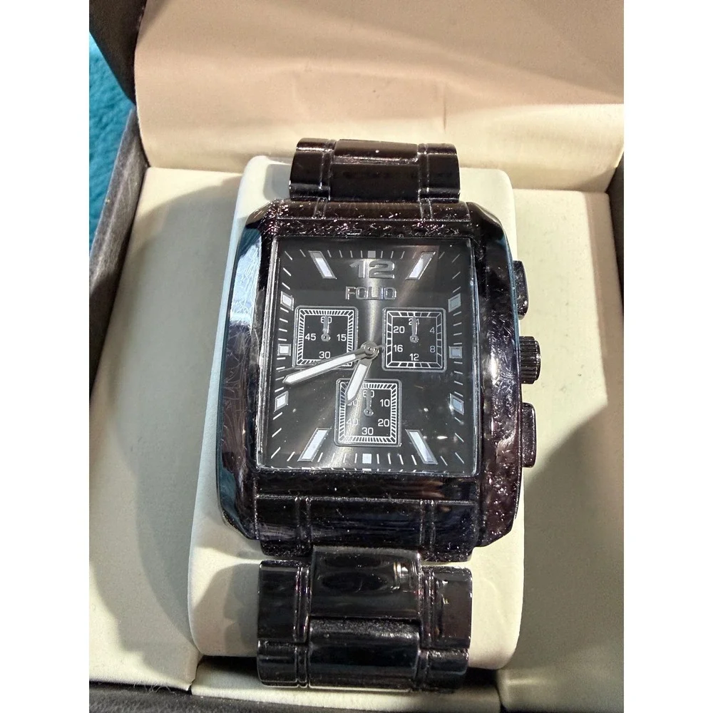 Folio Mens Black Rectangular Dial Watch Textured Metal Link Bracelet‎ with Box